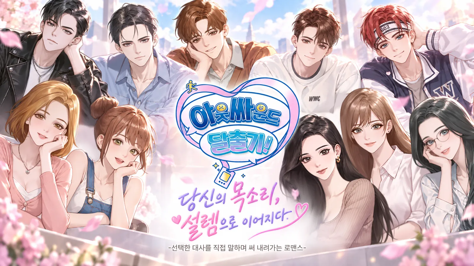 Os dez personagens de OutSound Escape ao redor do logo coreano 아웃싸운드 탈출기